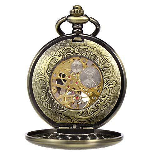 TREEWETO Mens Antique Dragon Mechanical Skeleton Pocket Watch Wooden Roman Numerals Dial Bronze Double Case Pocket Watches for Men - Image 5