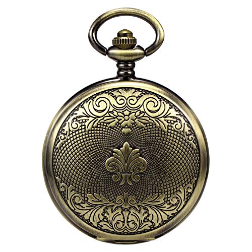 TREEWETO Mens Antique Dragon Mechanical Skeleton Pocket Watch Wooden Roman Numerals Dial Bronze Double Case Pocket Watches for Men - Image 4