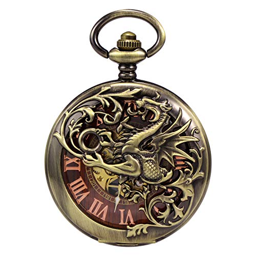 TREEWETO Mens Antique Dragon Mechanical Skeleton Pocket Watch Wooden Roman Numerals Dial Bronze Double Case Pocket Watches for Men - Image 3