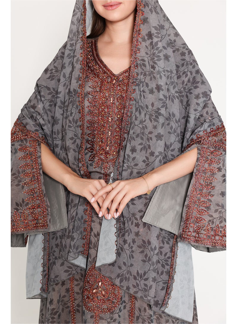 اكسا جلابية عربية اكمام واسعة مفتوحة مع طرحة - Image 4