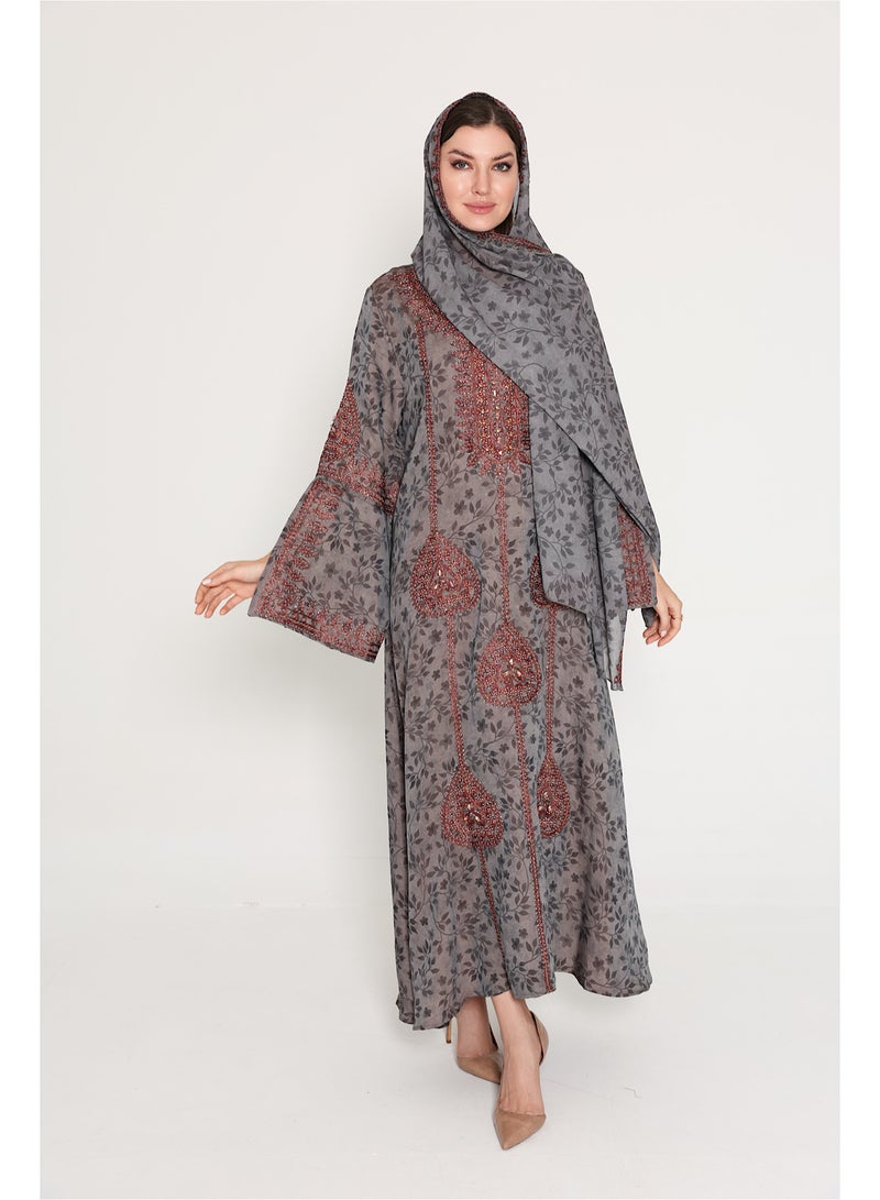 اكسا جلابية عربية اكمام واسعة مفتوحة مع طرحة - Image 2