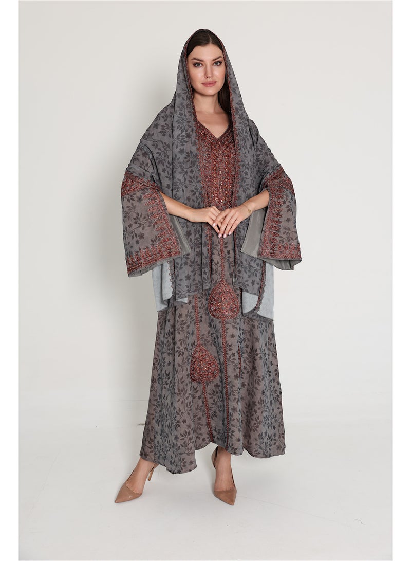 اكسا جلابية عربية اكمام واسعة مفتوحة مع طرحة - Image 5