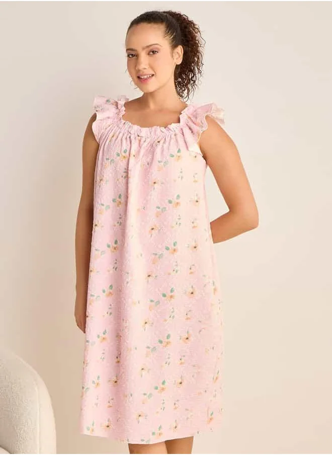 فاف Floral Print Sleeveless Night Dress with Ruffle Detail