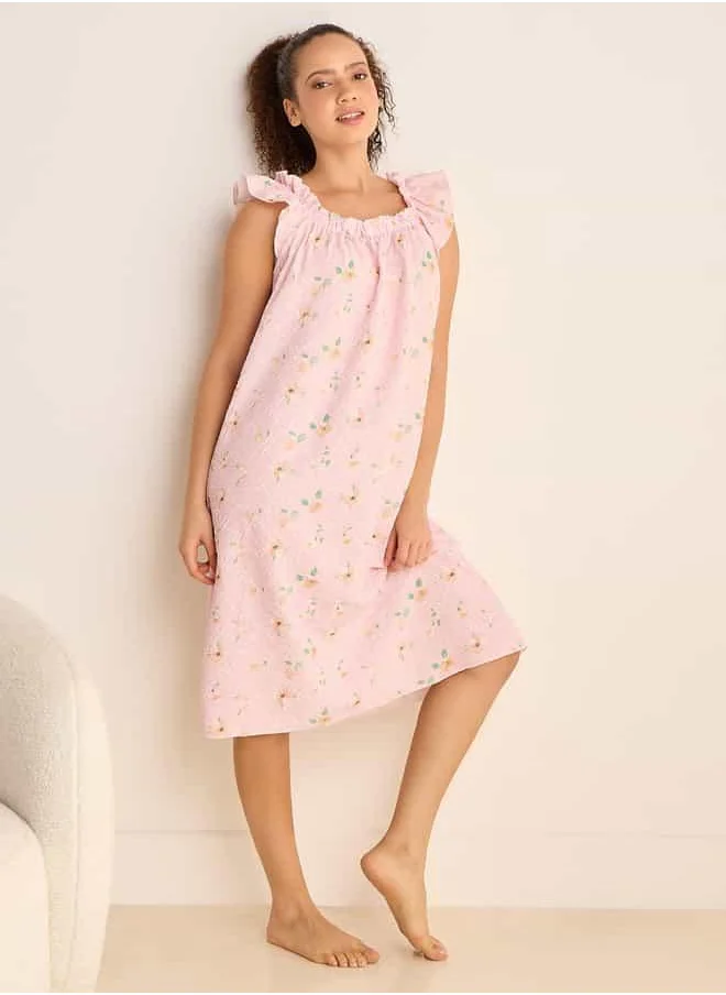 فاف Floral Print Sleeveless Night Dress with Ruffle Detail