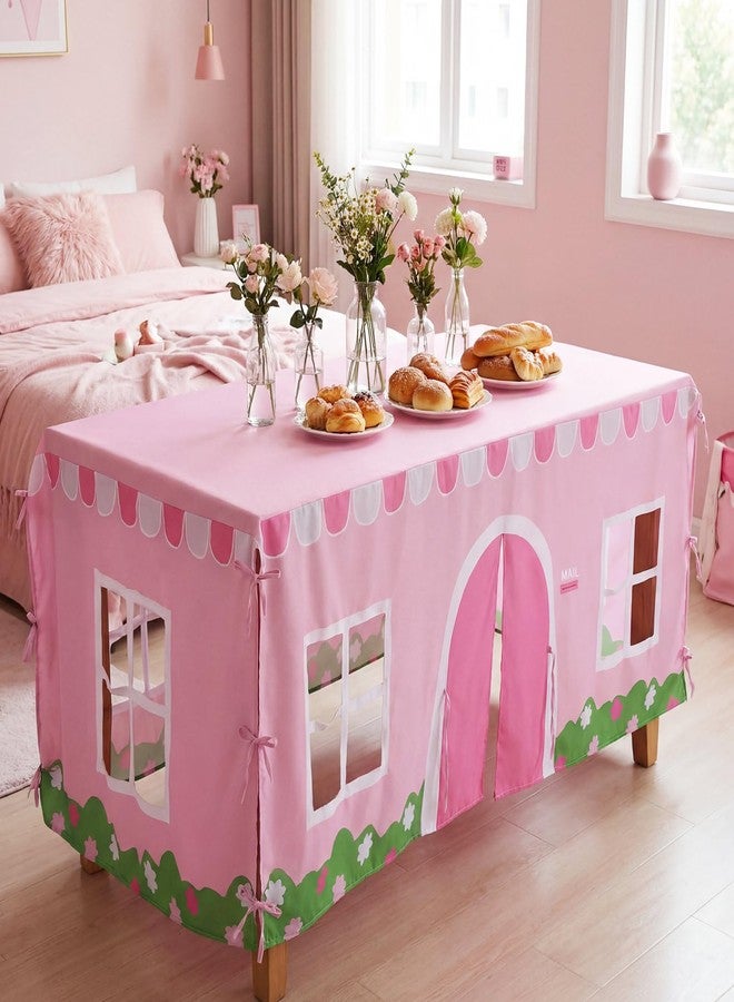 Oudain 10ft x 7.5ft Large Playhouse Table Cloth Table Fort Tent Cover Playhouse Indoor Outdoor Tablecloth for Birthday Party Playground Play Accessory (Pink White Color, Farmhouse Style) - Image 4