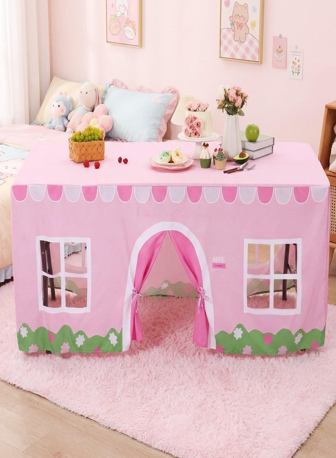 Oudain 10ft x 7.5ft Large Playhouse Table Cloth Table Fort Tent Cover Playhouse Indoor Outdoor Tablecloth for Birthday Party Playground Play Accessory (Pink White Color, Farmhouse Style) - Image 5