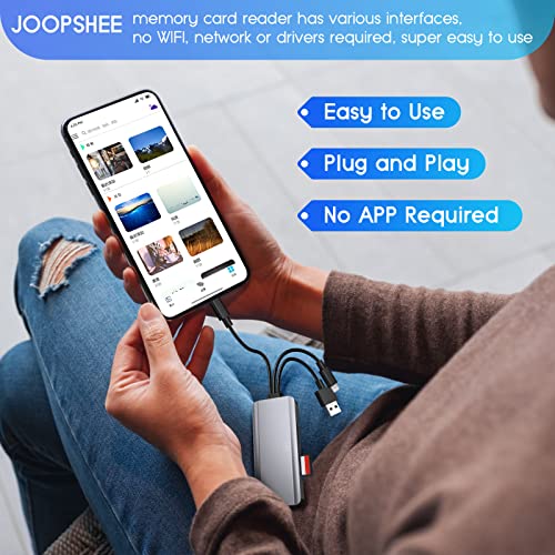 JOOPSHEE 5-in-1 Multi Memory Card Reader,Aluminum SD/TF/CF/MS/M2/Micro SD Card Reader Adapter for i-Phone/i-Pad USB C and USB A Devices,No Application Required Plug and Play - Image 4