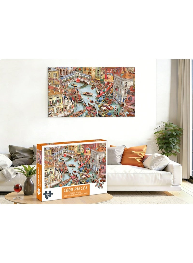 1000pcs adult cartoon puzzle, cartoon drawing challenge puzzle, suitable for family activities, game nights, gifts to relieve stress, crowded canals, etc - Image 2