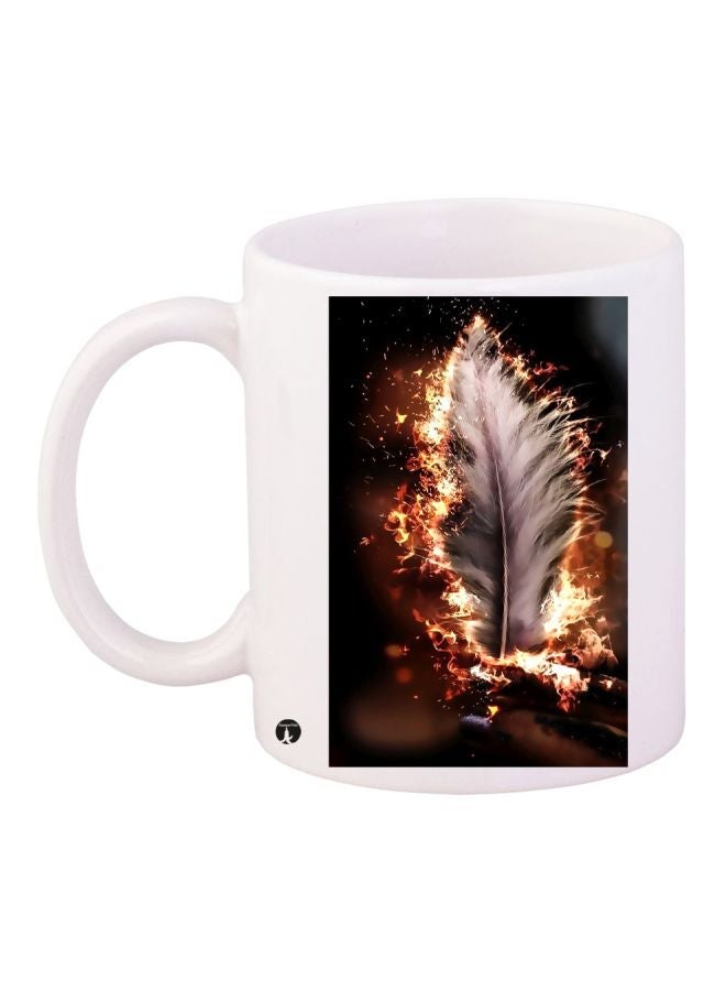 RYN Feather Printed Coffee Mug White/Brown/Grey 11ounce