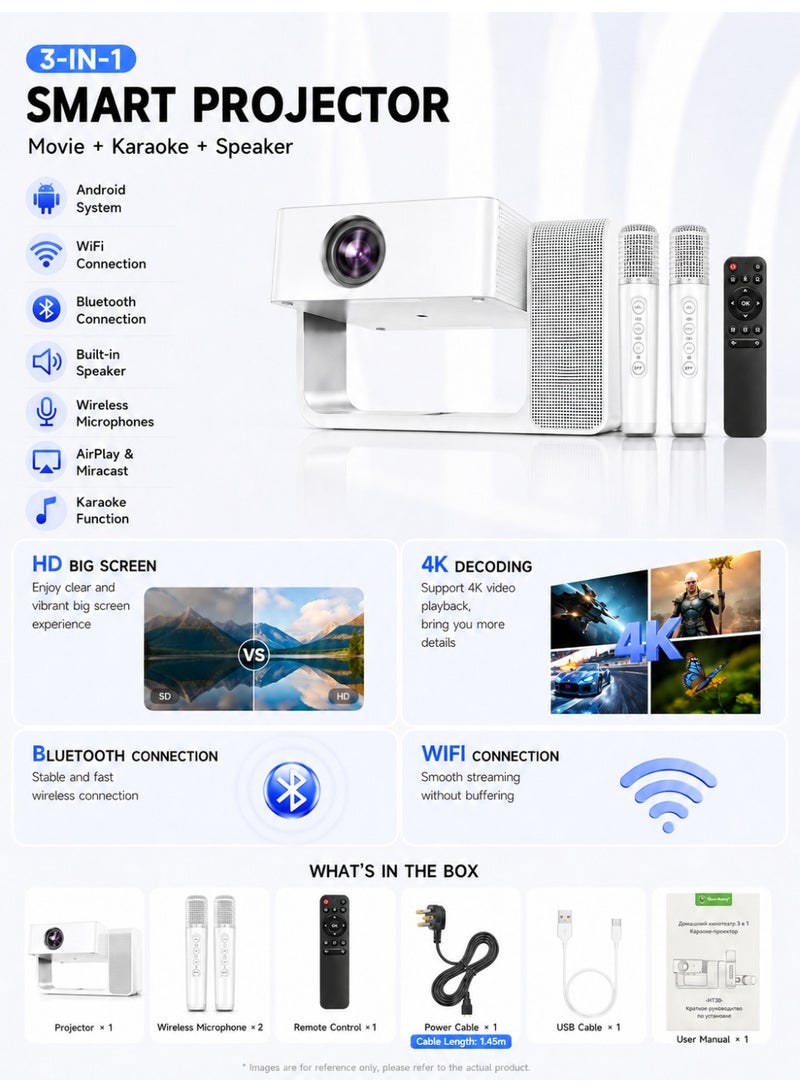 سمارت باري جهاز عرض كاريوكي Smartbarry HT30 مع ميكروفونين، دقة أصلية 720P HD، يدعم فك تشفير الفيديوهات بدقة 4K، واي فاي 5G وبلوتوث، جهاز عرض منزلي بنظام أندرويد 11 للأفلام والألعاب والحفلات - Image 2