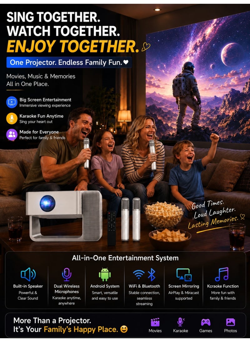 سمارت باري جهاز عرض كاريوكي Smartbarry HT30 مع ميكروفونين، دقة أصلية 720P HD، يدعم فك تشفير الفيديوهات بدقة 4K، واي فاي 5G وبلوتوث، جهاز عرض منزلي بنظام أندرويد 11 للأفلام والألعاب والحفلات - Image 5