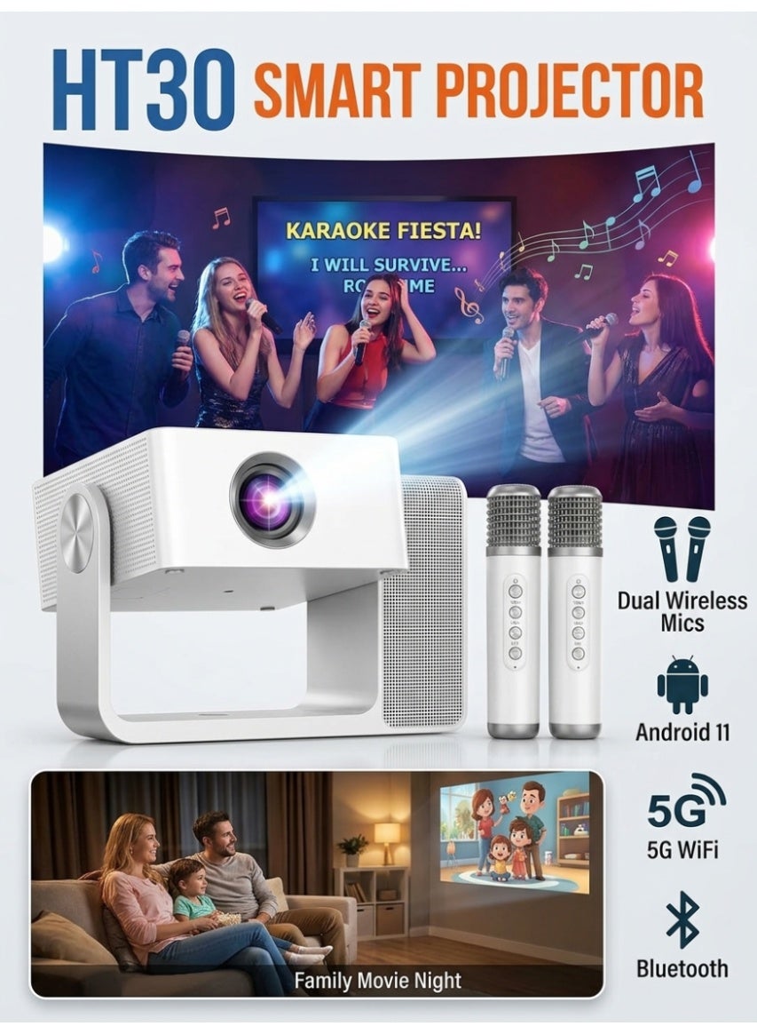 Smartbarry HT30 Karaoke Projector with Dual Mics, Native 720P HD, 4K Video Decoding Supported, 5G WiFi Bluetooth, Android 11 Home Theater Projector for Movies, Gaming & Parties