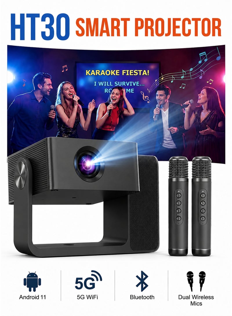 Smartbarry HT30 Karaoke Projector with Dual Mics, Native 720P HD, 4K Video Decoding Supported, 5G WiFi Bluetooth, Android 11 Home Theater Projector for Movies, Gaming & Parties - Image 1