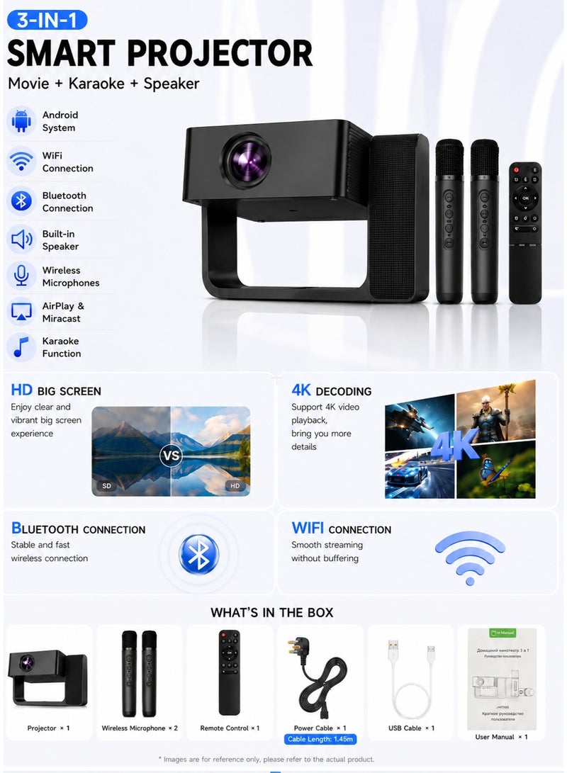 Smartbarry HT30 Karaoke Projector with Dual Mics, Native 720P HD, 4K Video Decoding Supported, 5G WiFi Bluetooth, Android 11 Home Theater Projector for Movies, Gaming & Parties - Image 3