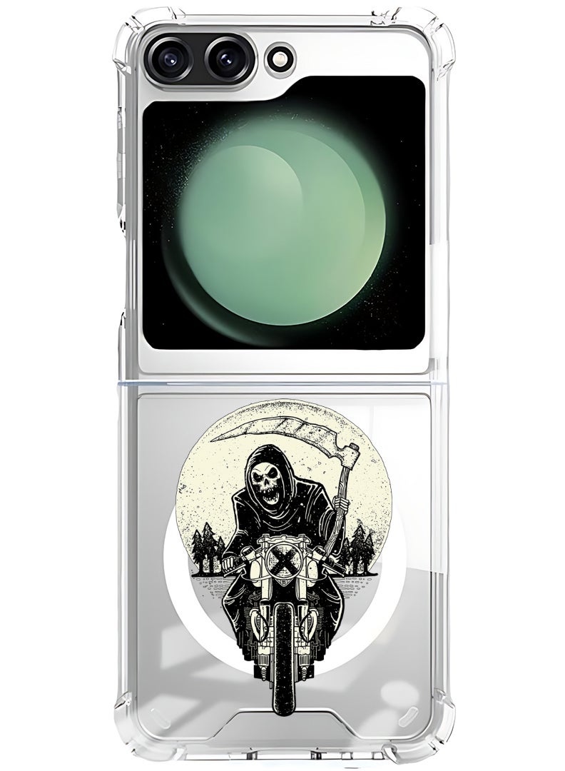 Theodor Magnetic Case for Samsung Galaxy Z Flip 5 Compatible with MagSafe Wireless Charging, Shockproof Phone Bumper Cover Skull Biker - Image 1