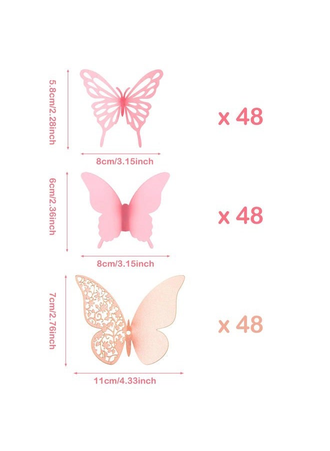 Outus 144 Pieces 3D Butterfly Wall Stickers Decor Butterfly Decals DIY Decorative Wall Art Cutouts Crafts Removable for Room Wedding Flower Party Decorations, 3 Styles (Pink) - Image 2