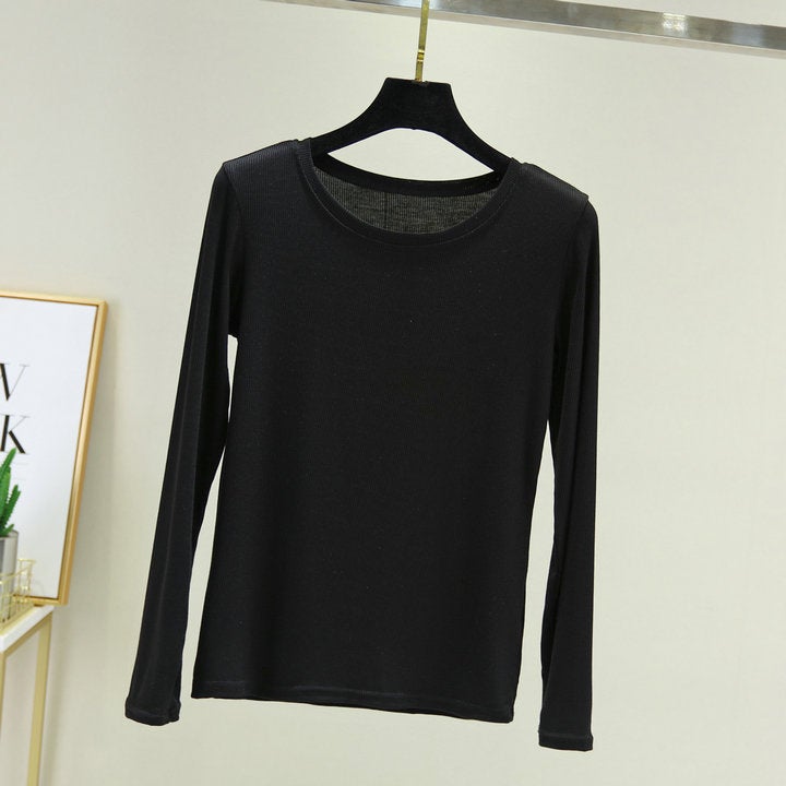 Womens thread modal half-turtleneck long-sleeved T-shirt slim-fit seamless cut pile collar mask bottoming shirt autumn top Black 