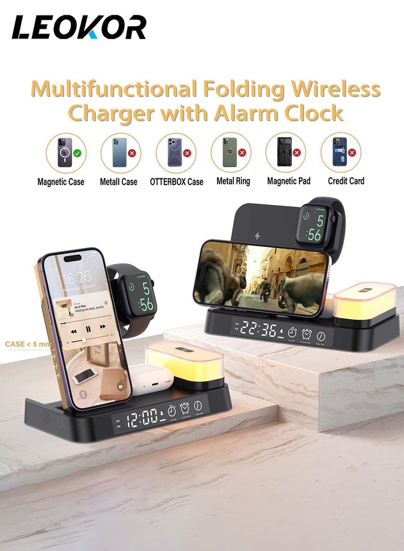 LEOKOR 4 in 1 Wireless Charging Station,with Alarm Clock LED Night Light,Fast Wireless Charger,for iPhone 14/13/12/11/Pro/Max/XS/XR Wireless Charging Stand Dock,for Apple Watch (Black)  - Image 5