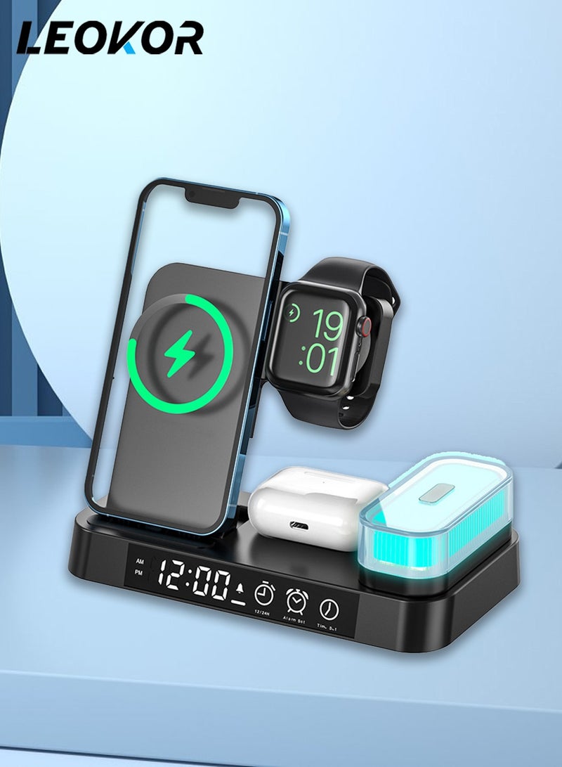 LEOKOR 4 in 1 Wireless Charging Station,with Alarm Clock LED Night Light,Fast Wireless Charger,for iPhone 14/13/12/11/Pro/Max/XS/XR Wireless Charging Stand Dock,for Apple Watch (Black)  - Image 1