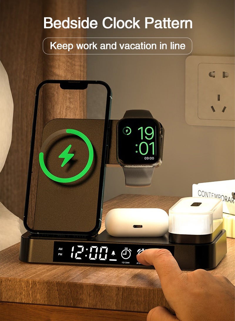 LEOKOR 4 in 1 Wireless Charging Station,with Alarm Clock LED Night Light,Fast Wireless Charger,for iPhone 14/13/12/11/Pro/Max/XS/XR Wireless Charging Stand Dock,for Apple Watch (Black)  - Image 2