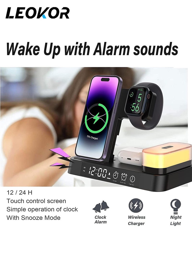 LEOKOR 4 in 1 Wireless Charging Station,with Alarm Clock LED Night Light,Fast Wireless Charger,for iPhone 14/13/12/11/Pro/Max/XS/XR Wireless Charging Stand Dock,for Apple Watch (Black)  - Image 3