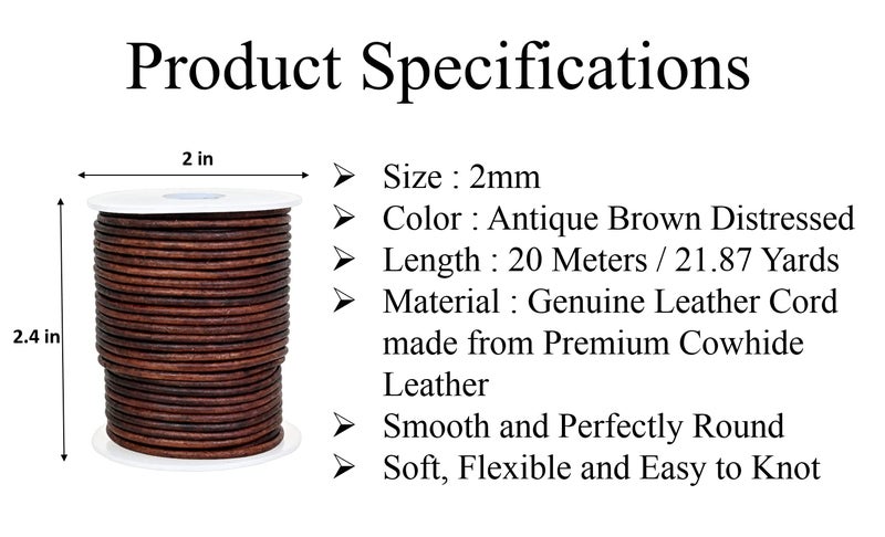 GENIQUE Real/Genuine Round Leather Cord for Jewelry Making, Leather String Cord for Crafting, Necklace, Bracelets, Braiding, Wraps (2mm, Antique Brown Distressed) - Image 3