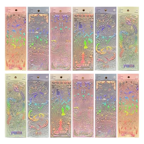 FGISAR 12 Sheets Holographic Kpop Deco Stickers for Photocards Journal Scrapbook Cute Korean Stickers Self Adhesive Clear Glitter Y2K Stars Heart Ribbons Decals - Image 1
