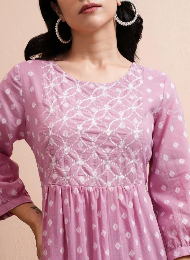 Vishudh Vishudh All Over Printed A-Line Midi Dress with Cuffed Sleeves