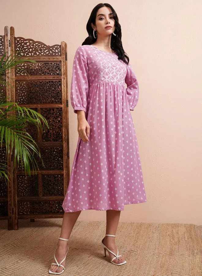 Vishudh Vishudh All Over Printed A-Line Midi Dress with Cuffed Sleeves