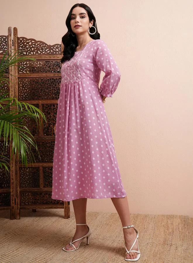 Vishudh Vishudh All Over Printed A-Line Midi Dress with Cuffed Sleeves