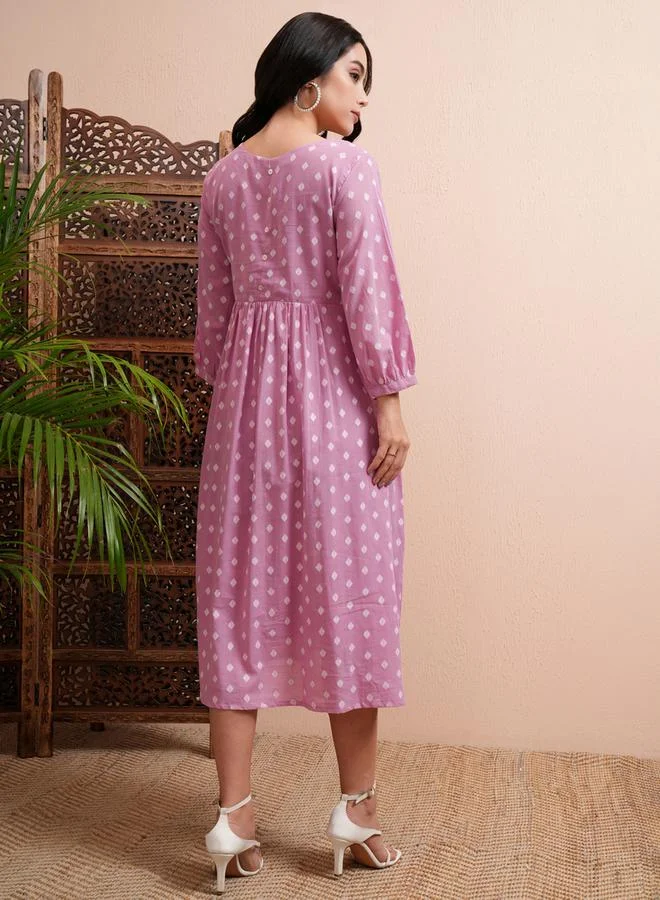 Vishudh Vishudh All Over Printed A-Line Midi Dress with Cuffed Sleeves