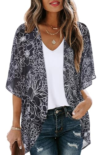 CHICGAL Womens Floral Kimono Cardigans Loose Puff Sleeve Casual Beach Coverups Tops (Black Brief Flowers,M) - Image 1