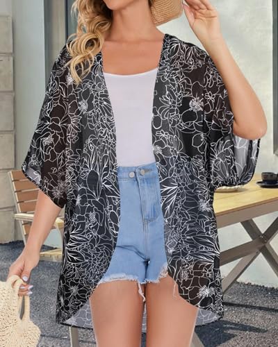 CHICGAL Womens Floral Kimono Cardigans Loose Puff Sleeve Casual Beach Coverups Tops (Black Brief Flowers,M) - Image 5