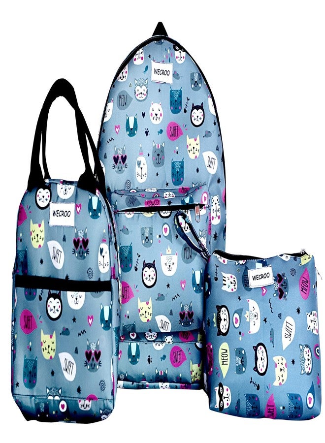 WECROO Casual Laptop Bag with Lunch Bag, & Pouch, School Bag for Girls and Boys, College Lightweight Bags for Girls, Laptop Backpack (Combo Set of 3 Grey kitty) - Image 1