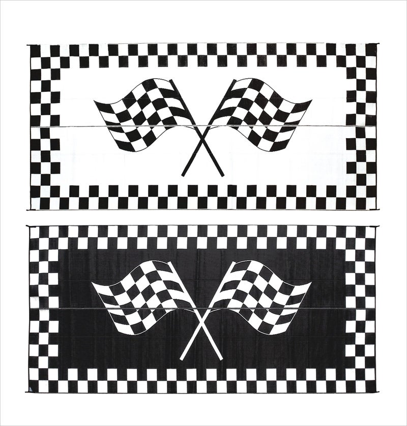 Stylish Camping Ming's Mark RF-8201 Stylish Camping Reversible Classical Patio Mat - 8' x 20', black w/ white, racing flags - Image 1