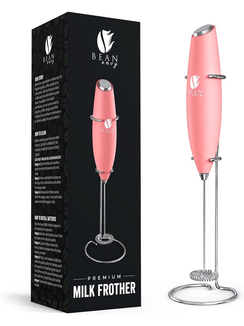 Bean Envy Milk Frother Handheld for Coffee  Electric Hand Blender Mini Drink Mixer Whisk  Coffee Foamer Wand with Stand for Lattes Cappuccino Matcha and Hot Chocolate  Kitchen Gifts  Rose Pink
