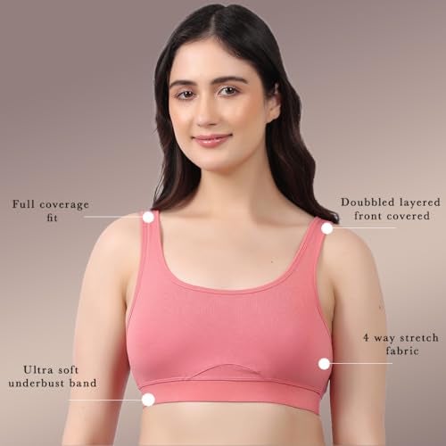 LAVOS Bamboo Cotton Comfort Sports Bra for Women Non Padded Full Coverage, Non Wired Soft Breathable Broad Strap Training Bras for Womens, Yoga, Workout, Gym Bra for Girls/Women Coral Pink - Image 5