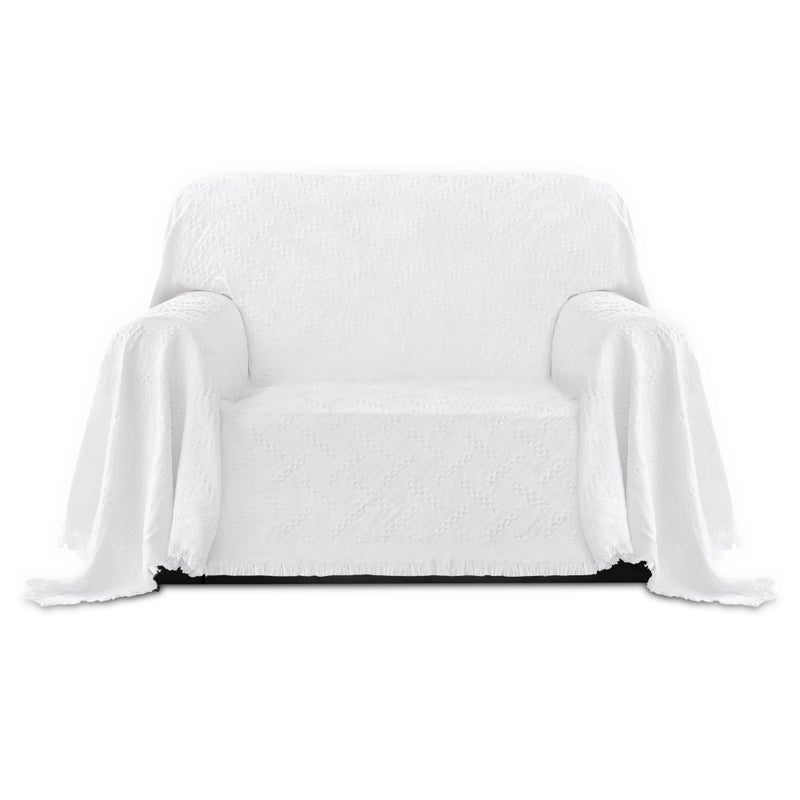 PureFit Geometric Jacquard Throw Sofa Cover - Textured Soft Washable Decorative Couch Covers for 3 Cushion Couch  Throw Cover with Tassels Furniture Protector for Pets  Kids (Small  White) - Image 1