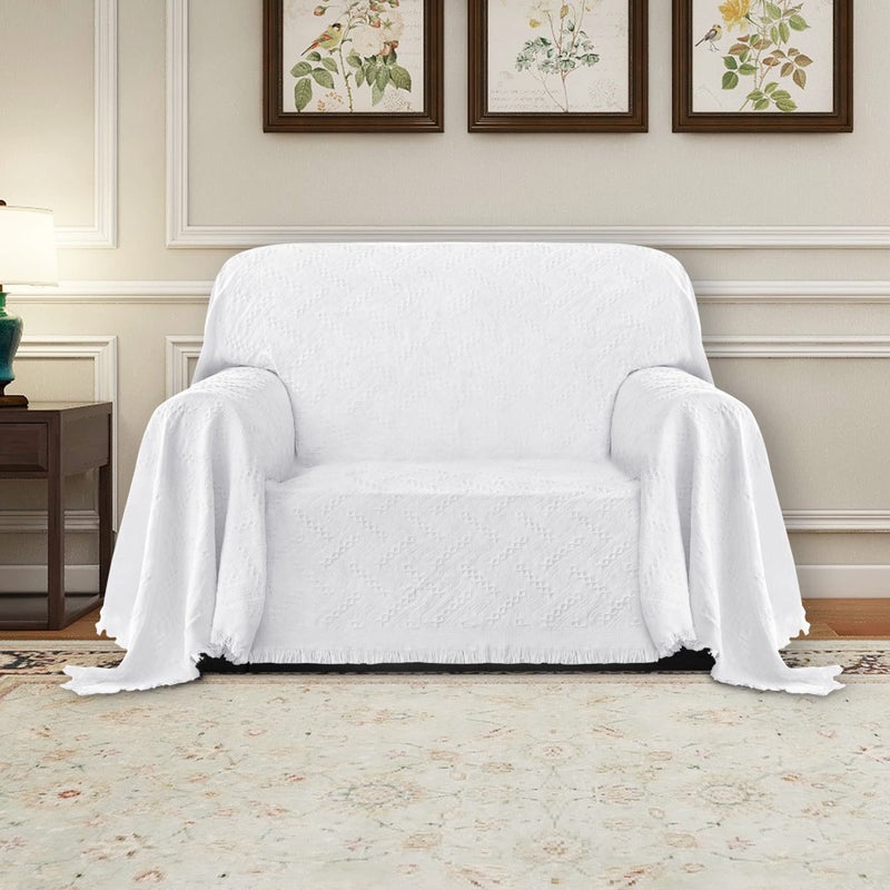 PureFit Geometric Jacquard Throw Sofa Cover - Textured Soft Washable Decorative Couch Covers for 3 Cushion Couch  Throw Cover with Tassels Furniture Protector for Pets  Kids (Small  White) - Image 2