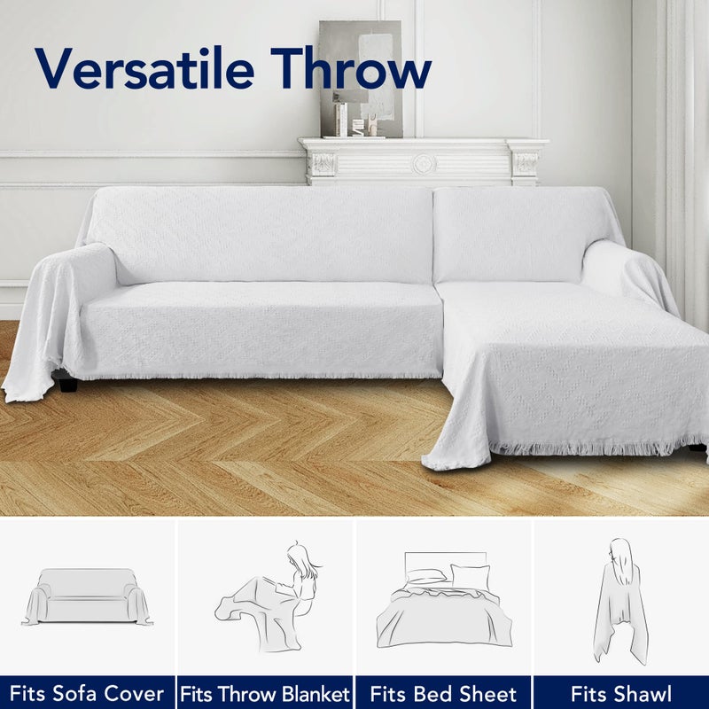 PureFit Geometric Jacquard Throw Sofa Cover - Textured Soft Washable Decorative Couch Covers for 3 Cushion Couch  Throw Cover with Tassels Furniture Protector for Pets  Kids (Small  White) - Image 3