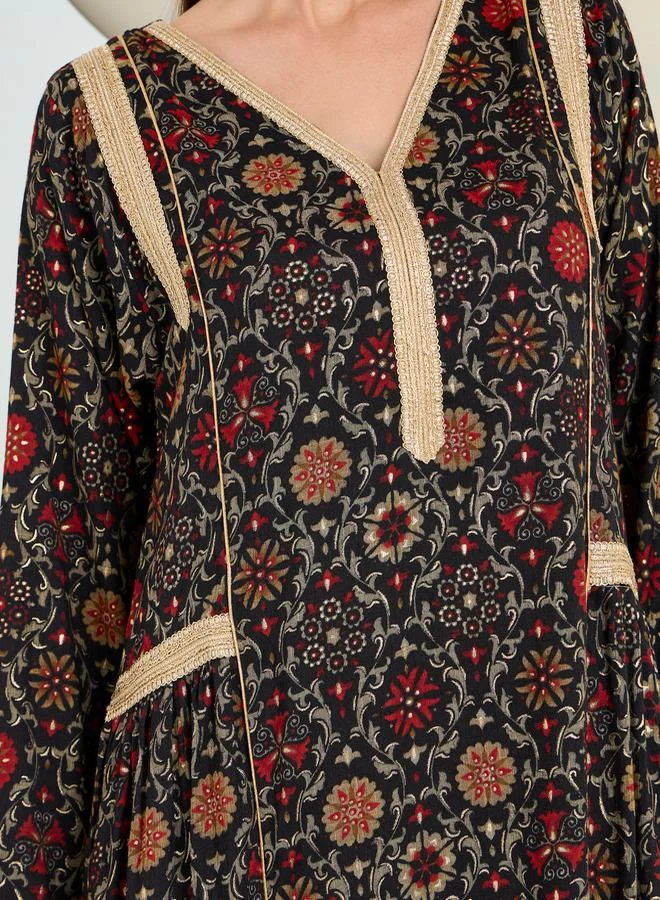 Maxim Creation Vintage Print Jalabiya with Gold Trim by Styli