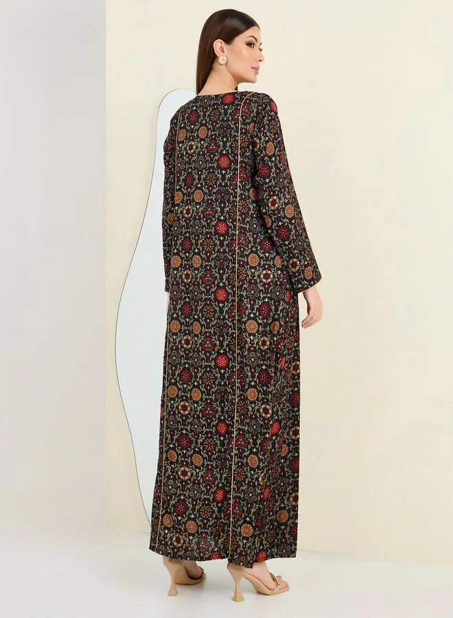 Maxim Creation Vintage Print Jalabiya with Gold Trim by Styli