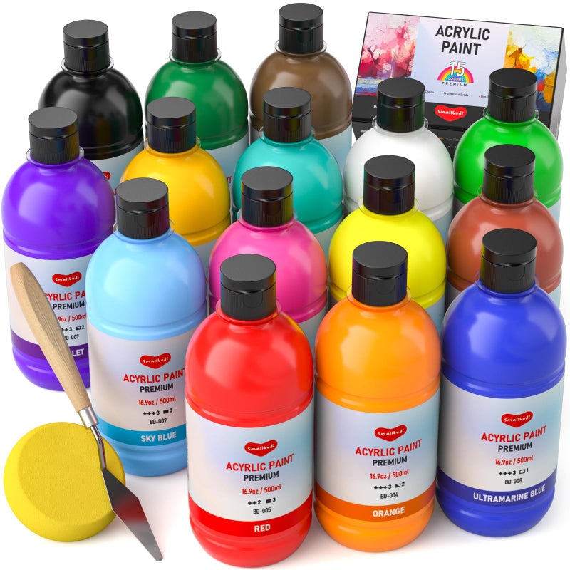 Smallbudi 15 Colors Large Acrylic Paint Set (16.9 oz,500 ml), Bulk Acrylic Paint Non-Toxic Art Painting Supplies on Multi Surface Pumpkin Canvas Wood Craft Fabric Rock for Artist Kids with Color Wheel - Image 1