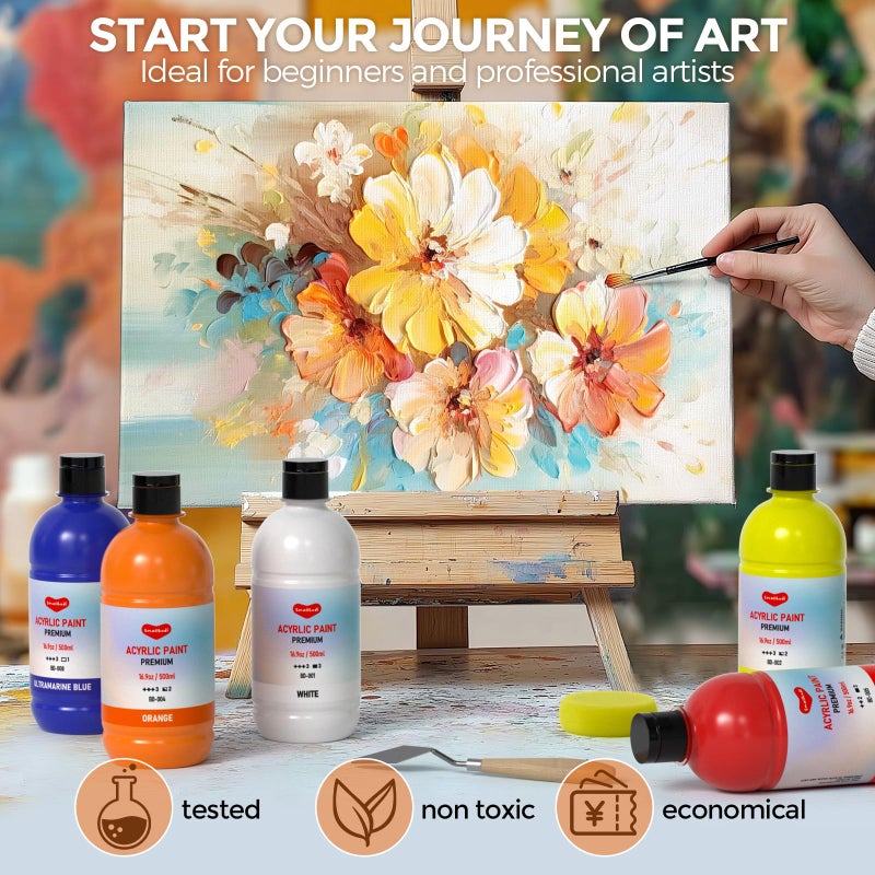 Smallbudi 15 Colors Large Acrylic Paint Set (16.9 oz,500 ml), Bulk Acrylic Paint Non-Toxic Art Painting Supplies on Multi Surface Pumpkin Canvas Wood Craft Fabric Rock for Artist Kids with Color Wheel - Image 4