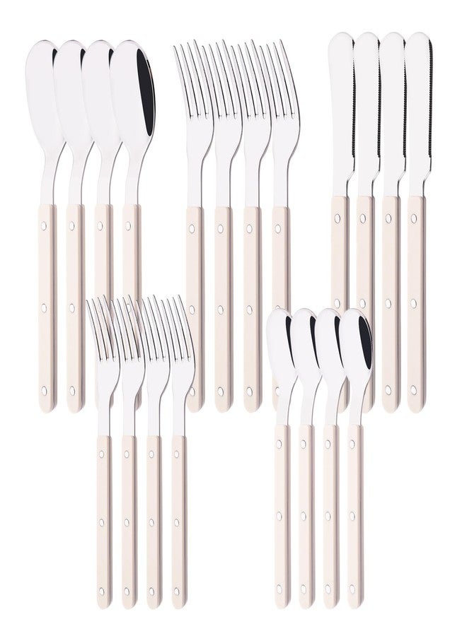 Uniturcky 20 PCS Stainless Steel Flatware Set for 4, Silverware Set with Colored Handles, Retro Style Forks Spoons and Knives Set, Vintage Eating Utensils, Beige Acrylic Handle with Rivets Design - Image 1