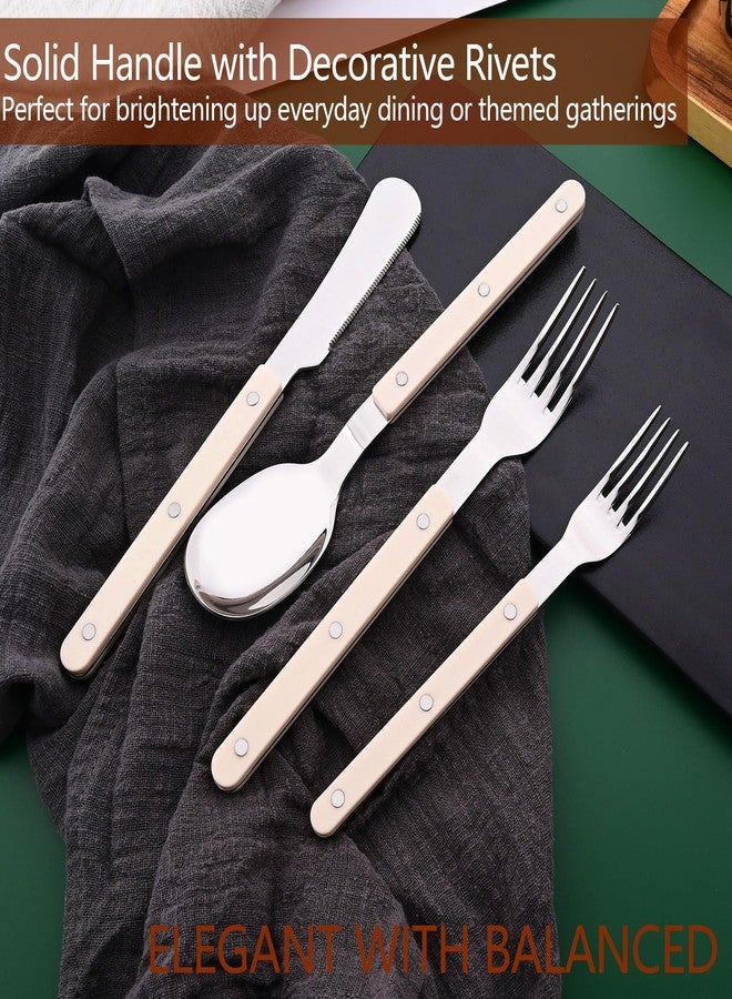 Uniturcky 20 PCS Stainless Steel Flatware Set for 4, Silverware Set with Colored Handles, Retro Style Forks Spoons and Knives Set, Vintage Eating Utensils, Beige Acrylic Handle with Rivets Design - Image 5