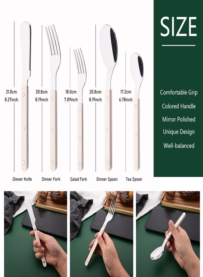 Uniturcky 20 PCS Stainless Steel Flatware Set for 4, Silverware Set with Colored Handles, Retro Style Forks Spoons and Knives Set, Vintage Eating Utensils, Beige Acrylic Handle with Rivets Design - Image 2