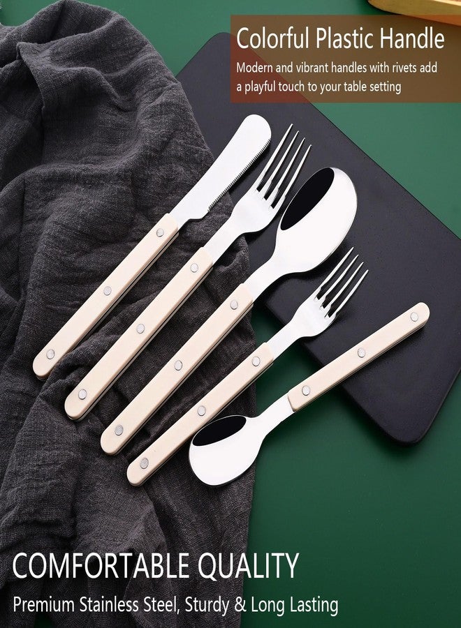 Uniturcky 20 PCS Stainless Steel Flatware Set for 4, Silverware Set with Colored Handles, Retro Style Forks Spoons and Knives Set, Vintage Eating Utensils, Beige Acrylic Handle with Rivets Design - Image 3
