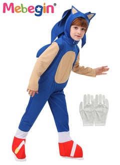 MEBEGIN Kids Sonic Jumpsuit with Gloves, Sonic Costume Outfit Set, Fancy Dress Up Outfit, Popular Character Clothing for Children, Ideal Dress Up for Themed Parties  - Image 1