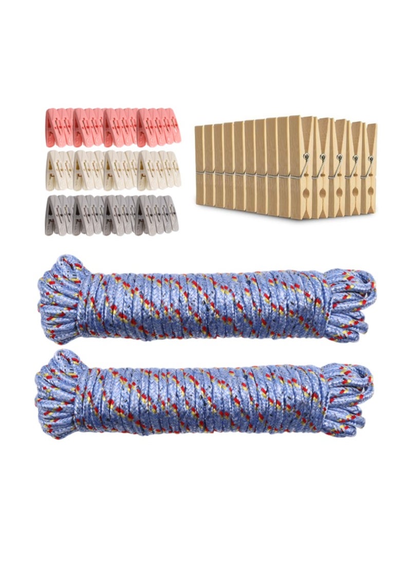 98-Piece Laundry Drying Kit | 48 Wooden Clips, 48 Plastic Clips (Cream, Rose, Charcoal) + 2 Polypropylene Ropes (10m each, Sky Blue) | Perfect for Laundry, DIY Projects, Home Storage & Outdoor Activities  - Image 1